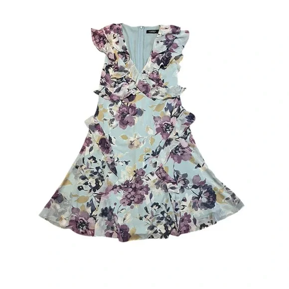 Lauren Ralph Lauren Floral Ruffle Georgette Dress Black Label Sz 8 Green Purple - Picture 4 of 10